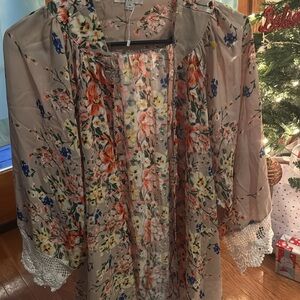 Umgee Floral Sheer Tunic with Lace Sleeves